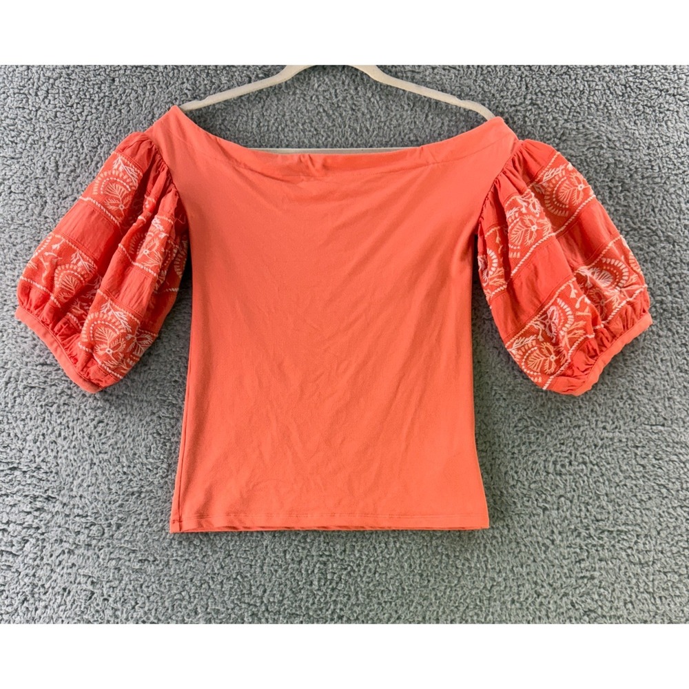 Free People Rock with It Top Womens Small Orange Off Shoulder Embroidered Casual